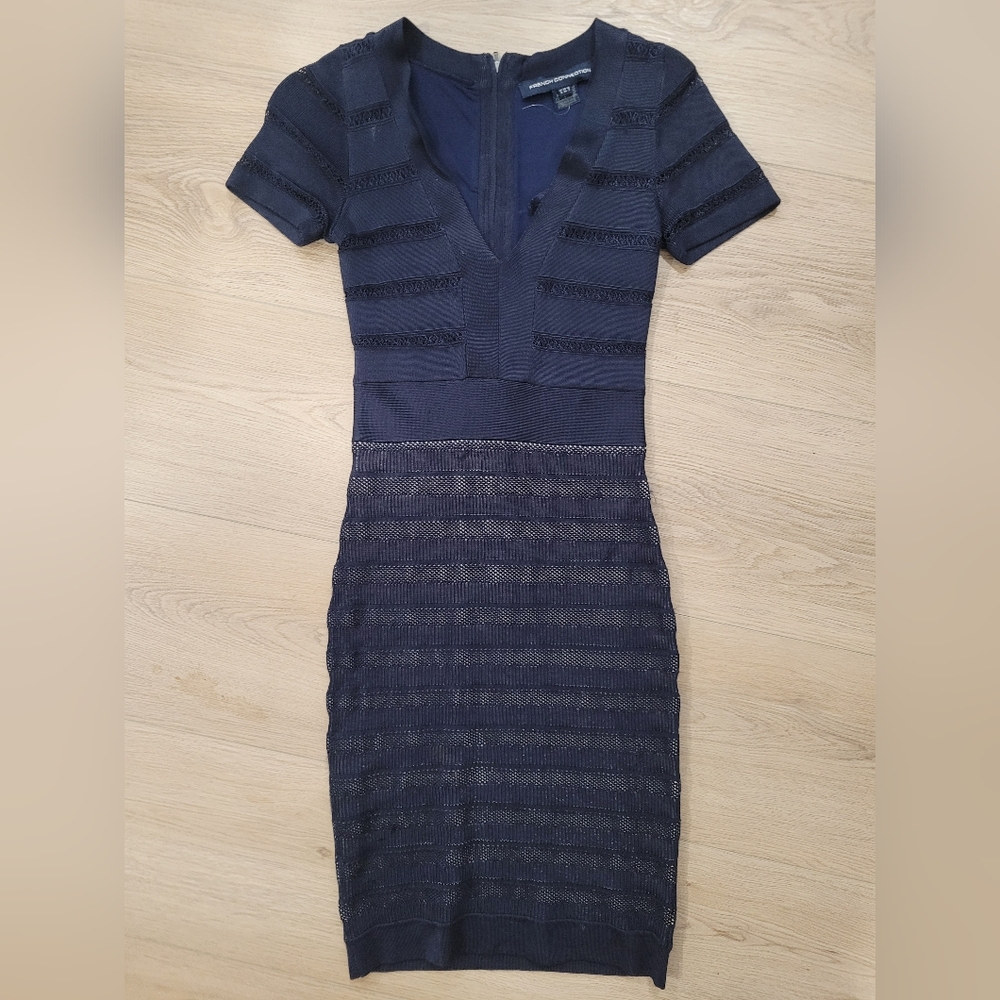 French Connection Blue Pleated Ribbed Bodycon Midi Dress